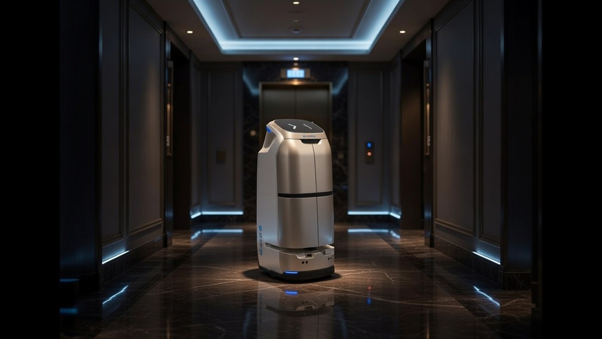 Silberner Lieferroboter in einem Hotelflur
