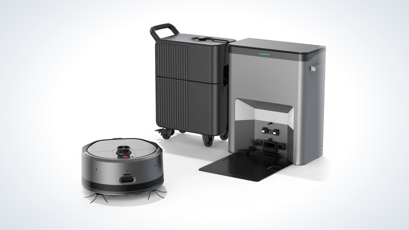 Reinigungsroboter RV Tech RV3 mit All-in-One-Arbeitsstation vor hellem Hintergrund